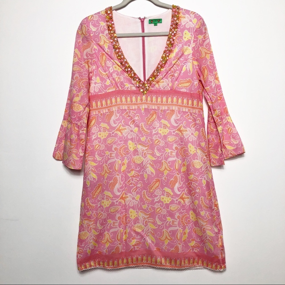 Tibi jeweled v-neck flared sleeve dress, size 8